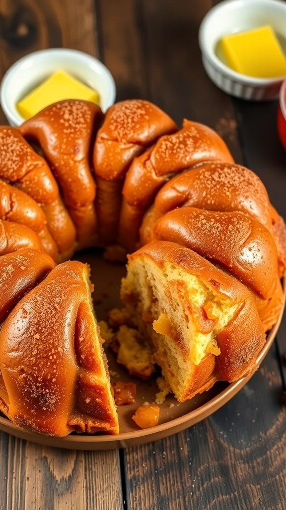 Cinnamon Monkey Bread Recipe A delicious cinnamon monkey bread with gooey layers, served on a wooden table with butter and cinnamon.